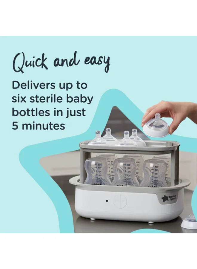 tommee tippee Advanced Steam Electric Steriliser For Baby Bottles, Kills Viruses And 99.9% Of Bacteria, 5-Minute Sterilisation Cycle, White