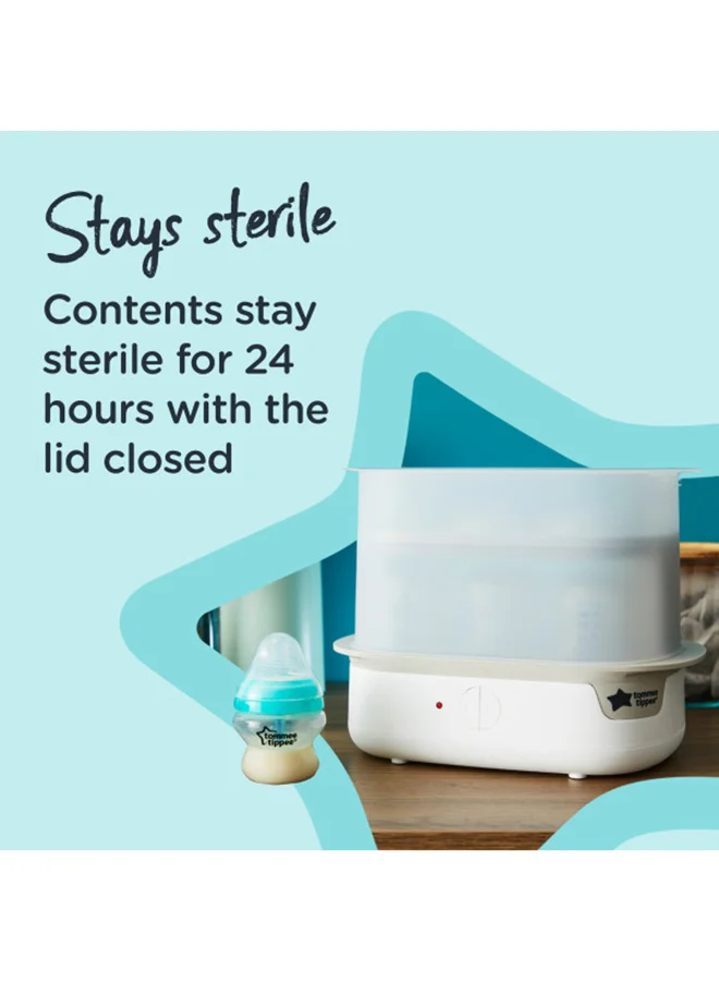 tommee tippee Advanced Steam Electric Steriliser For Baby Bottles, Kills Viruses And 99.9% Of Bacteria, 5-Minute Sterilisation Cycle, White