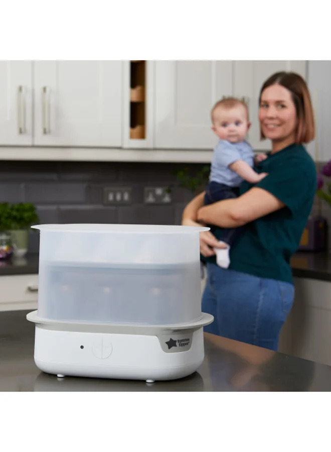tommee tippee Advanced Steam Electric Steriliser For Baby Bottles, Kills Viruses And 99.9% Of Bacteria, 5-Minute Sterilisation Cycle, White