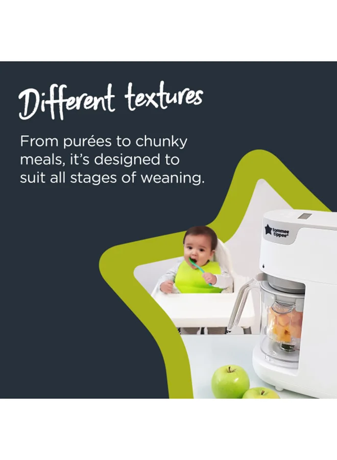 tommee tippee Quick-Cook Baby Food Maker, Blender And Steamer Food Processor For All Stages Of Baby Weaning, 200G Capacity, White