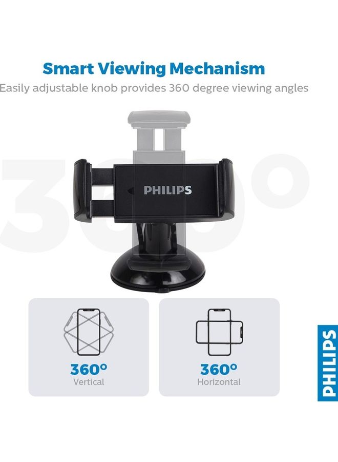 Philips DLK2411SB/97 Smart Car Phone Mount for Dashboard, 360° Rotatable Mobile Holder, ABS Material, Universal Compatibility, Secure Fit for Smartphones, GPS and Navigation Devices - Black - Image 2