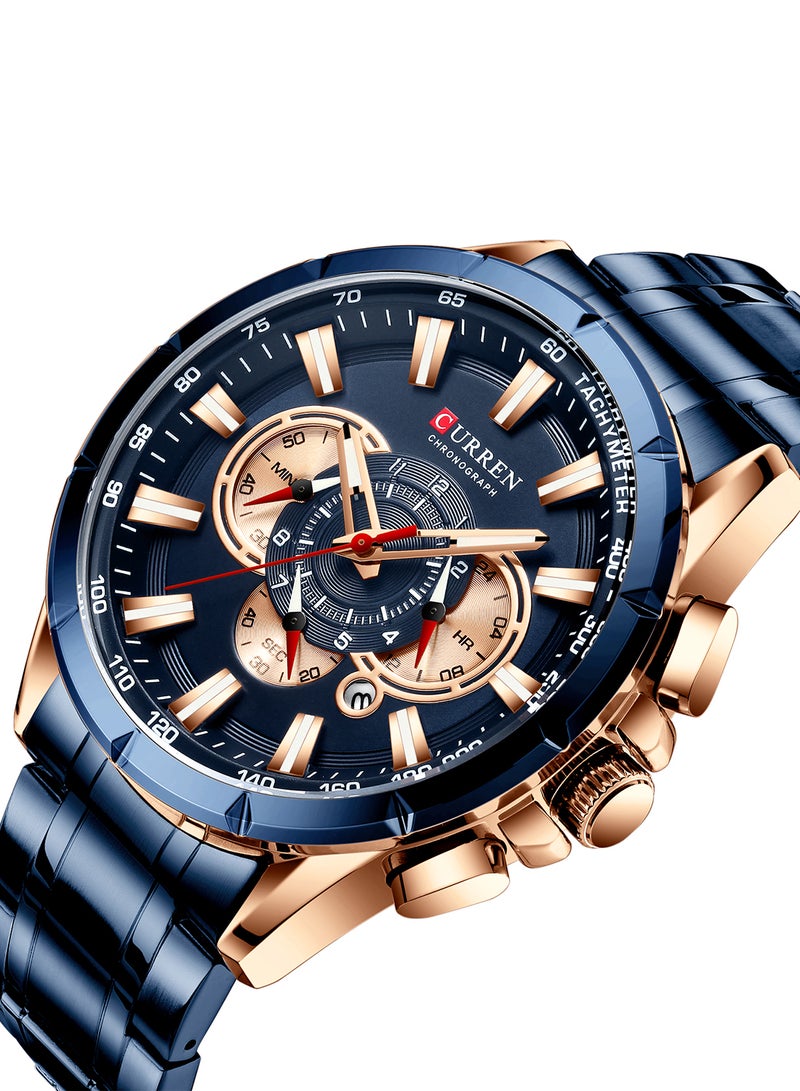 كارين ساعة يد كوارتز كرونوغراف مقاومة للماء بسوار من الإستانلس ستيل طراز 8363 - مقاس 48 مم - لون أزرق للرجال - Image 2