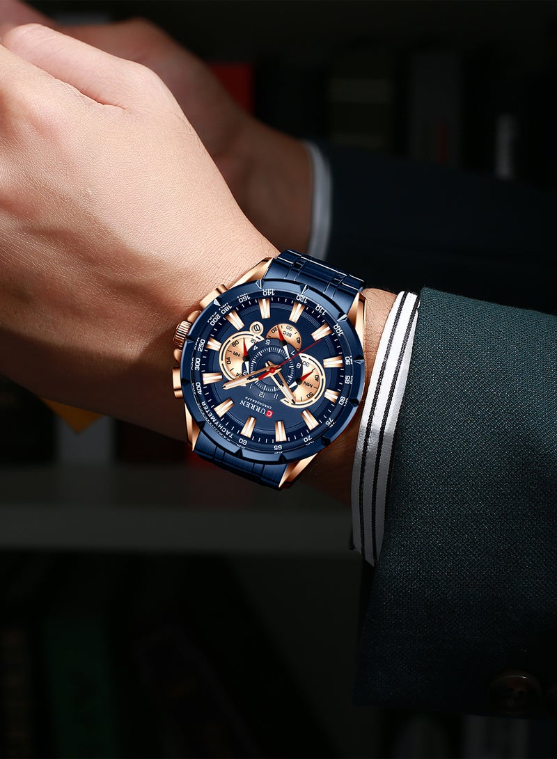 كارين ساعة يد كوارتز كرونوغراف مقاومة للماء بسوار من الإستانلس ستيل طراز 8363 - مقاس 48 مم - لون أزرق للرجال - Image 4