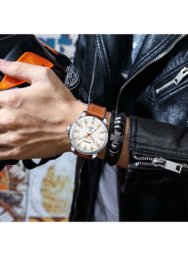 كارين سوار من جلد جينيون مقاوم للماء مع سوار كوارتز كالاندر 8376 - 46 ملم - فضي للرجال - Image 4