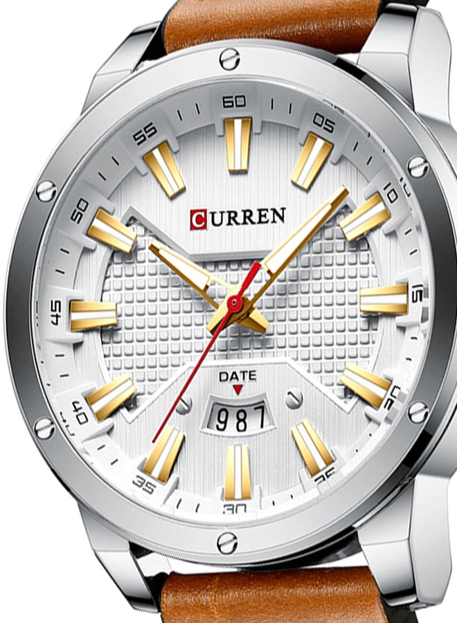 كارين سوار من جلد جينيون مقاوم للماء مع سوار كوارتز كالاندر 8376 - 46 ملم - فضي للرجال - Image 5