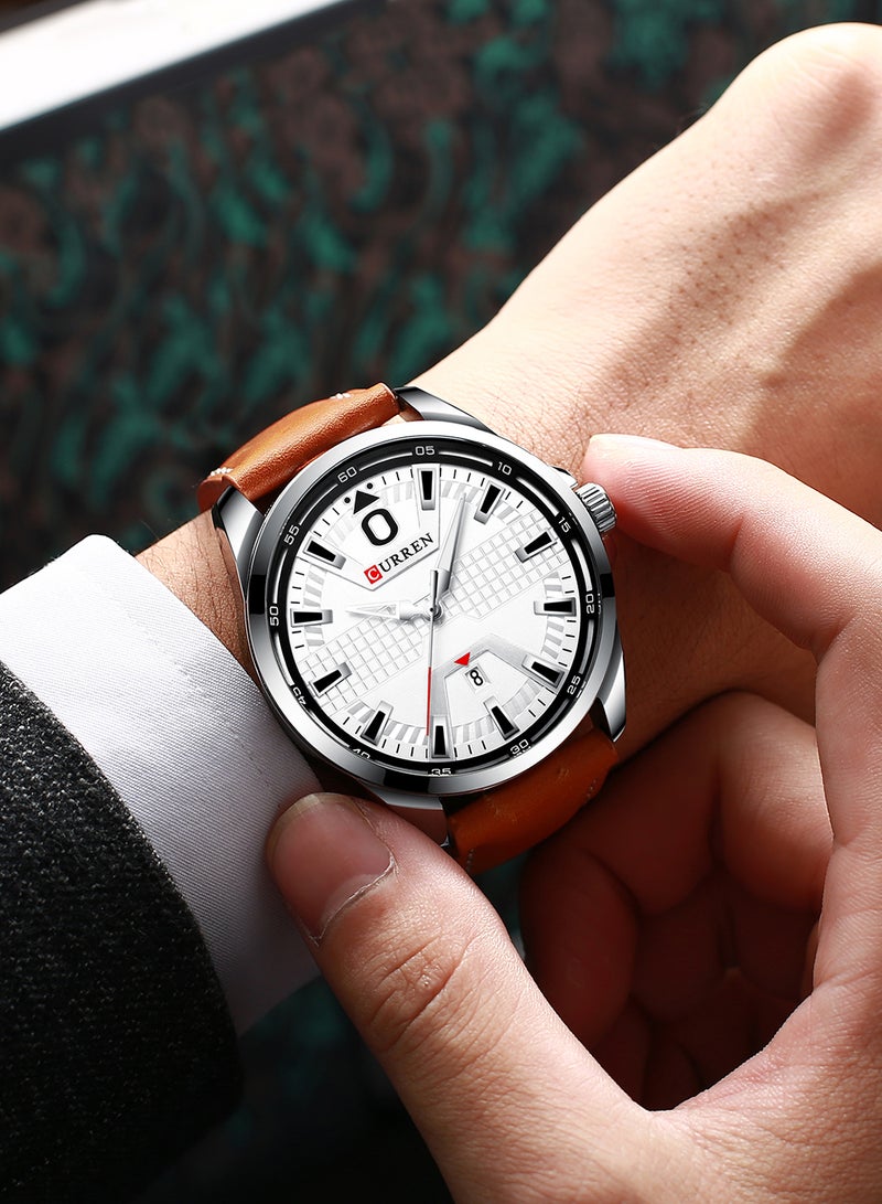 Men's Waterproof Geniune Leather BAnd With CalAnder Quartz Watch 8379 - 47 mm - Orange