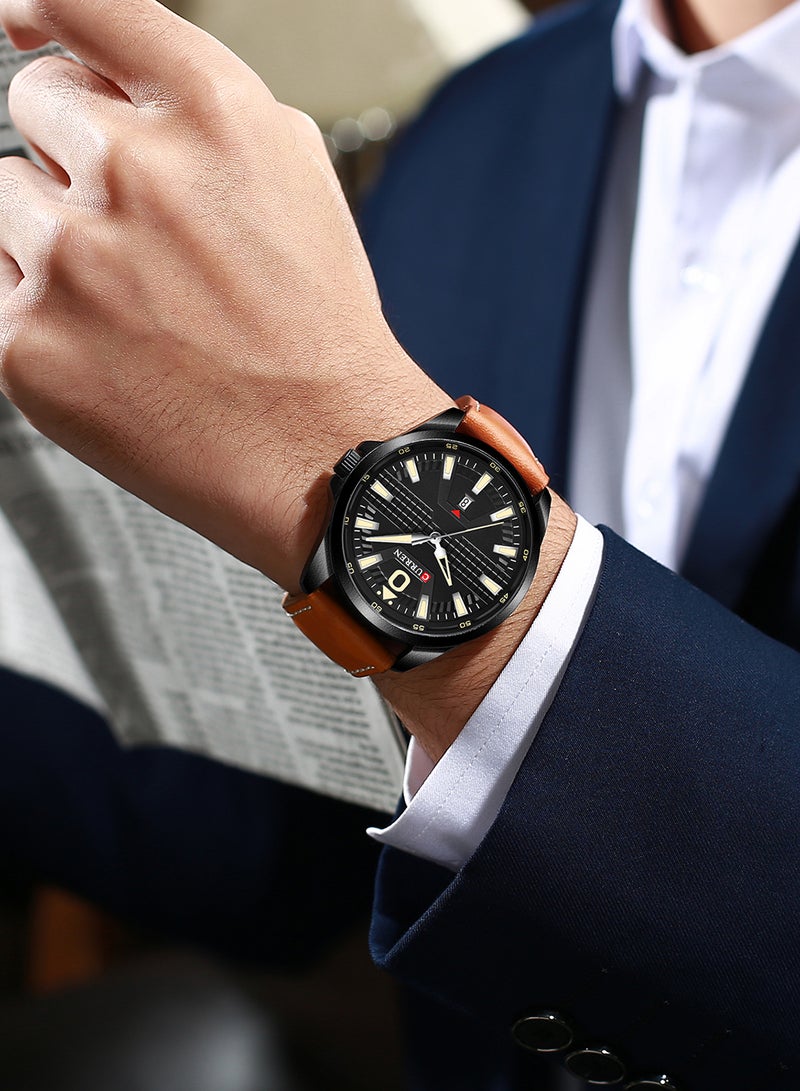 CURREN - Men's Waterproof Geniune Leather BAnd With CalAnder Quartz Watch 8379 - 47 mm - Orange - Image 1