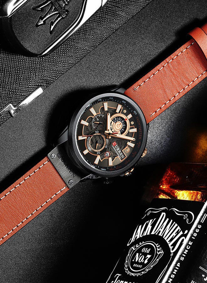 CURREN Men's Waterproof Geniune Leather BAnd Chronograph Quartz Watch 8380 - 48 mm - Orange  - Image 5