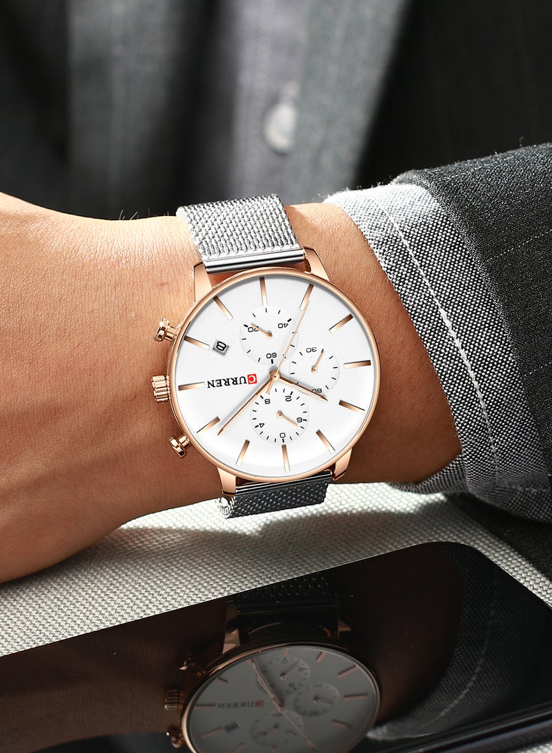 كارين ساعة يد كوارتز كاجوال كرونوغراف مقاومة للماء بسوار من الستانلس ستيل وسوار شبكي مقاس 8339 - 43 مم - لون فضي للرجال - Image 3