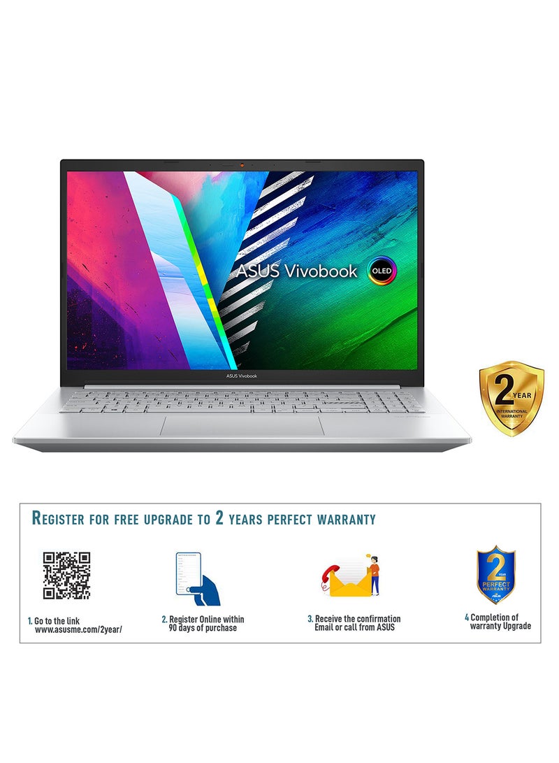 Vivobook Pro OLED M3500QC-OLED1R5W Creator Laptop With 15.6-Inch FHD Display, Ryzen 5000 H-Series Processor / 8GB RAM / 512GB SSD / 4GB NVIDIA GeForce RTX 3050 Graphics / Win 11 Home / English/Arabic Cool Silver
