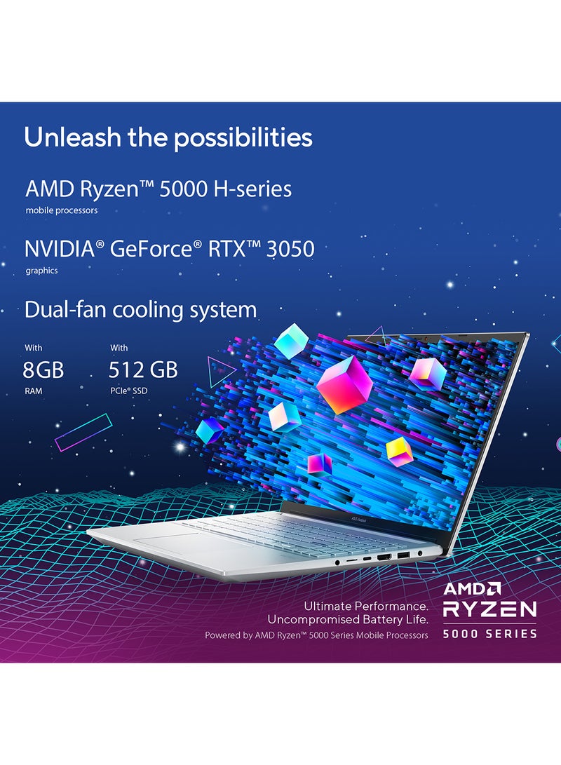 Vivobook Pro OLED M3500QC-OLED1R5W Creator Laptop With 15.6-Inch FHD Display, Ryzen 5000 H-Series Processor / 8GB RAM / 512GB SSD / 4GB NVIDIA GeForce RTX 3050 Graphics / Win 11 Home / English/Arabic Cool Silver