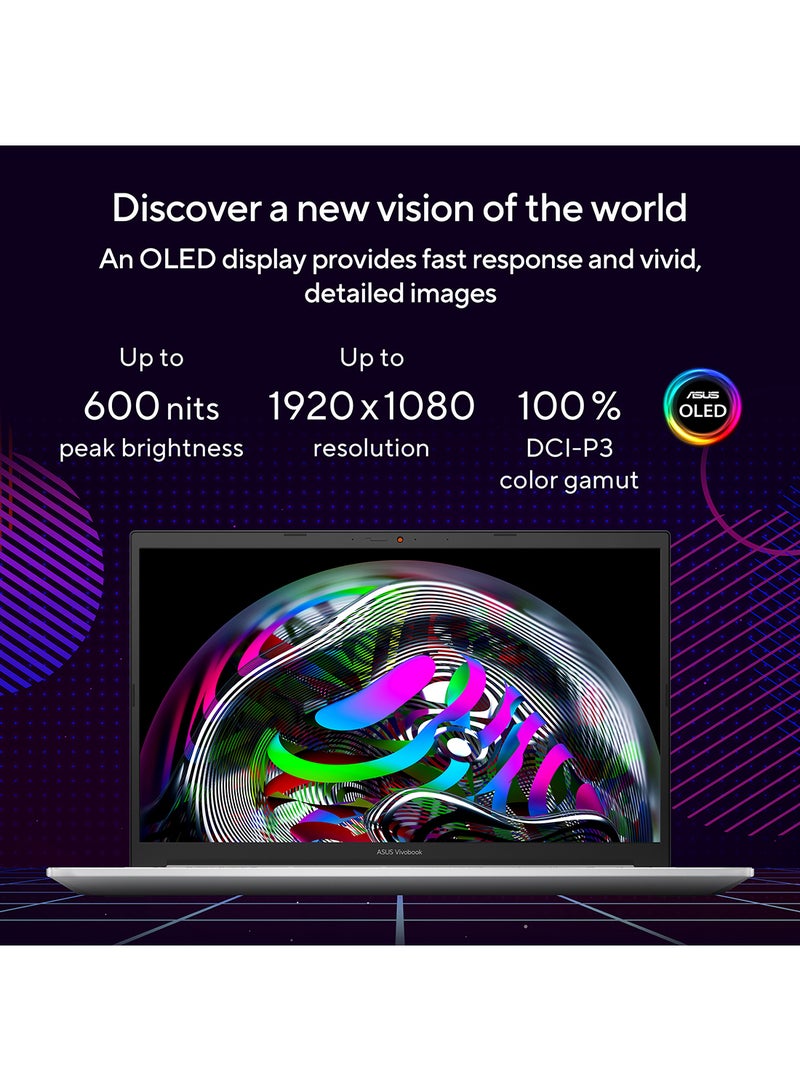 Vivobook Pro OLED M3500QC-OLED1R5W Creator Laptop With 15.6-Inch FHD Display, Ryzen 5000 H-Series Processor / 8GB RAM / 512GB SSD / 4GB NVIDIA GeForce RTX 3050 Graphics / Win 11 Home / English/Arabic Cool Silver