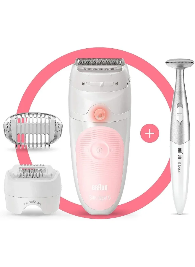 BRAUN Silk Epil SES 5820 Wet & Dry Epilator + 4 Extras incl. Bikini Styler & Pouch White 19.7x7x26cm