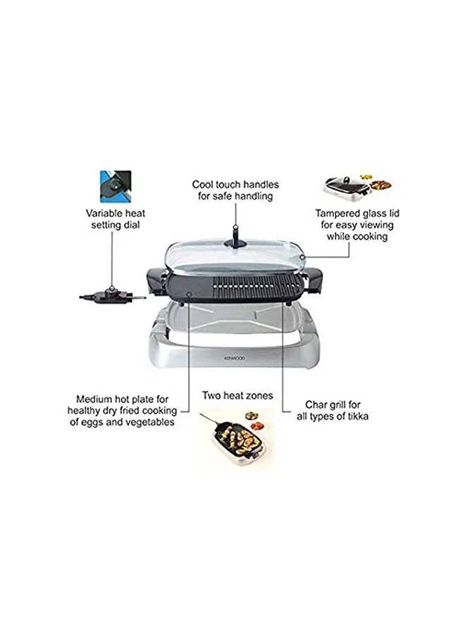 KENWOOD Health Grill, Glass Lid, Variable Temperature Control, Drip Tray, Oil Draining Channels, 2000 W HG266 Silver/Black