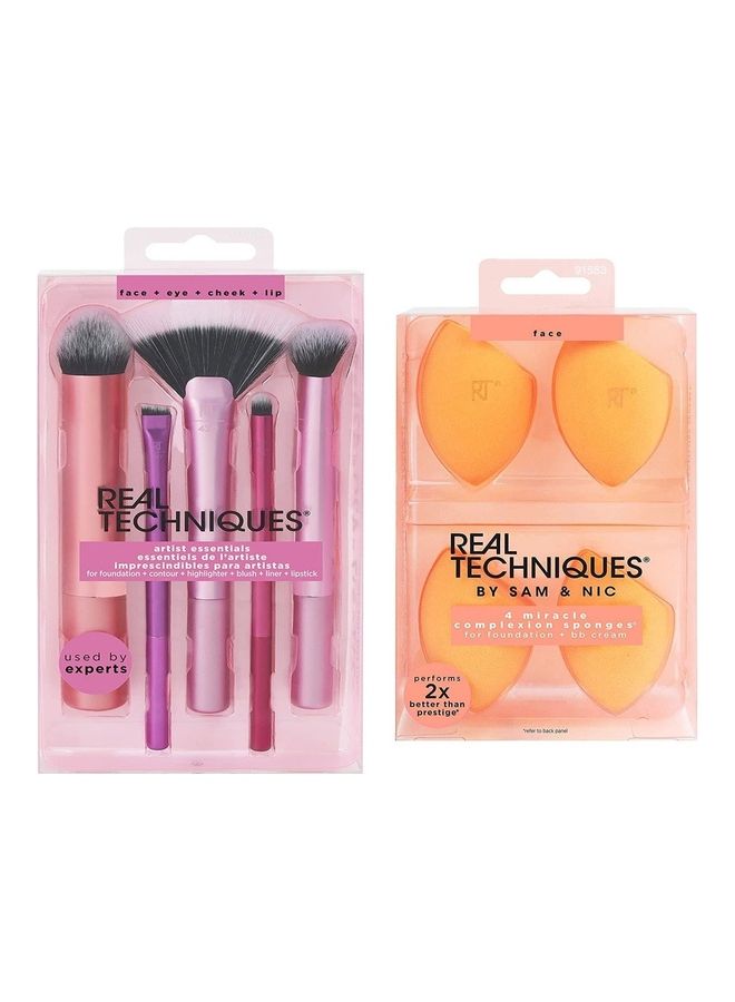 ريل تكنيكس مجموعة فرش مكياج أساسية للفنانين للأساس، أحمر الخدود، الهايلايتر، ظلال العيون، محدد العيون، شعيرات صناعية، نباتية وخالية من القسوة، 5 قطع و 4 إسفنجات معجزة لتوحيد اللون - Image 1