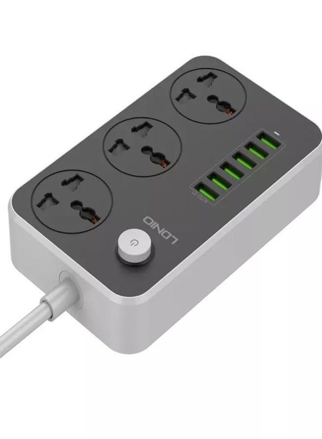 LDNIO - 3 Power Socket With 6 USB Extension black/Grey - Image 1