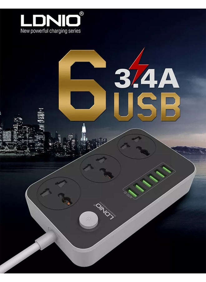 LDNIO - 3 Power Socket With 6 USB Extension black/Grey - Image 1