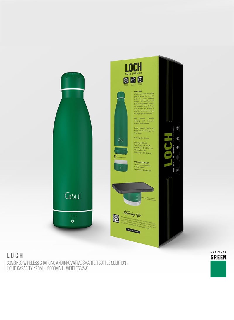Goui - 6000 mAh Loch - Bottle Double Insulated 18/8 Stainless Steel Bottle with Built-in 6000mAh Power Bank & 5W Wireless Charger – Hot & Cold Thermal Insulation for 12H Hot & 24H Cold Drinks - National Green - Image 1