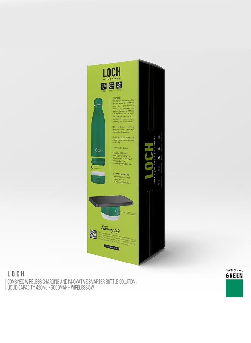 Goui - 6000 mAh Loch - Bottle Double Insulated 18/8 Stainless Steel Bottle with Built-in 6000mAh Power Bank & 5W Wireless Charger – Hot & Cold Thermal Insulation for 12H Hot & 24H Cold Drinks - National Green - Image 1