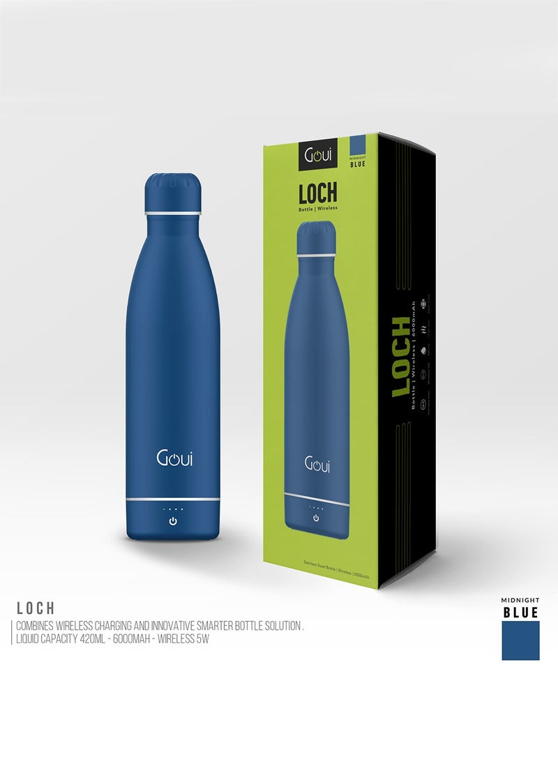 Goui - Loch - Bottle Double Insulated 18/8 Stainless Steel Bottle with Built-in 6000mAh Power Bank & 5W Wireless Charger – Hot & Cold Thermal Insulation for 12H Hot & 24H Cold Drinks - Midnight Blue / White - Image 1
