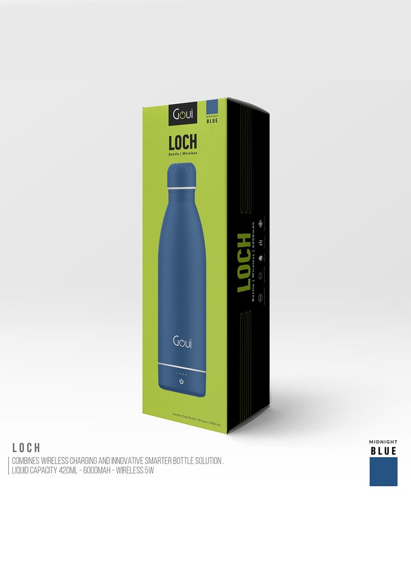 Goui - Loch - Bottle Double Insulated 18/8 Stainless Steel Bottle with Built-in 6000mAh Power Bank & 5W Wireless Charger – Hot & Cold Thermal Insulation for 12H Hot & 24H Cold Drinks - Midnight Blue / White - Image 1