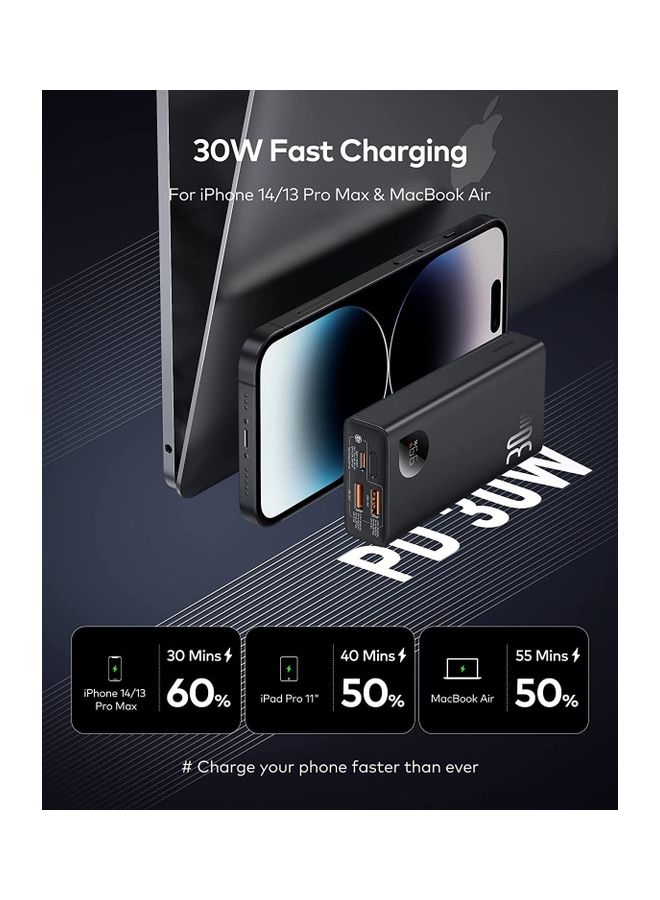Baseus - 10000 mAh 10000mAh Power Bank with LED Digital Display, 30W Fast Charging QC 3.0 USB C Battery Pack Portable Charger with 3 Outputs Compatible with iPhone/ iPad/ Samsung/ Huawei/ Xiaomi/ Tablet and Many More Black - Image 1