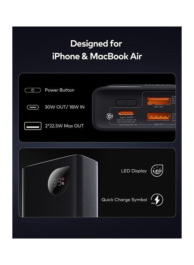 Baseus - 10000 mAh 10000mAh Power Bank with LED Digital Display, 30W Fast Charging QC 3.0 USB C Battery Pack Portable Charger with 3 Outputs Compatible with iPhone/ iPad/ Samsung/ Huawei/ Xiaomi/ Tablet and Many More Black - Image 1