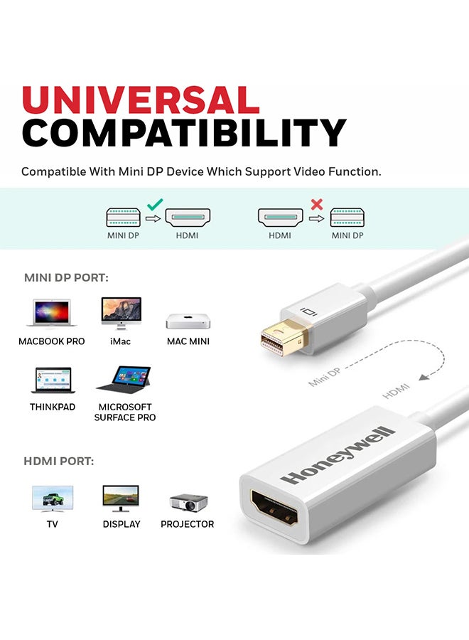 Honeywell - Mini Display Port to HDMI Adapter, 4K x 2K@30Hz Resolution, Transmission Speed of 3.0 Gbps, Male-Female Adapter, Compatible With LED Displays, Laptops, Gaming Consoles, Projector White - Image 1