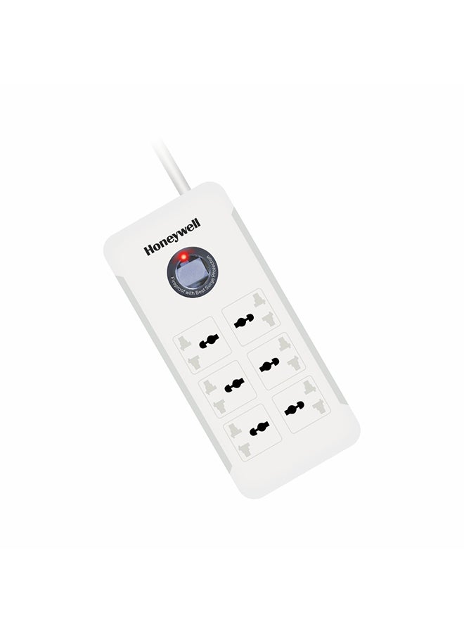 Honeywell 6 Out Surge Protector With Master Switch Spike Guard/Extension Board/Power Strip With 1.5 Meter Extension Cord 918 Joules Dsw Automatic Over Heat And Overcurrent Protection 3 Yrs Manufacturer Warranty Whiteplatinum Series White-Platinum Series  - Image 1