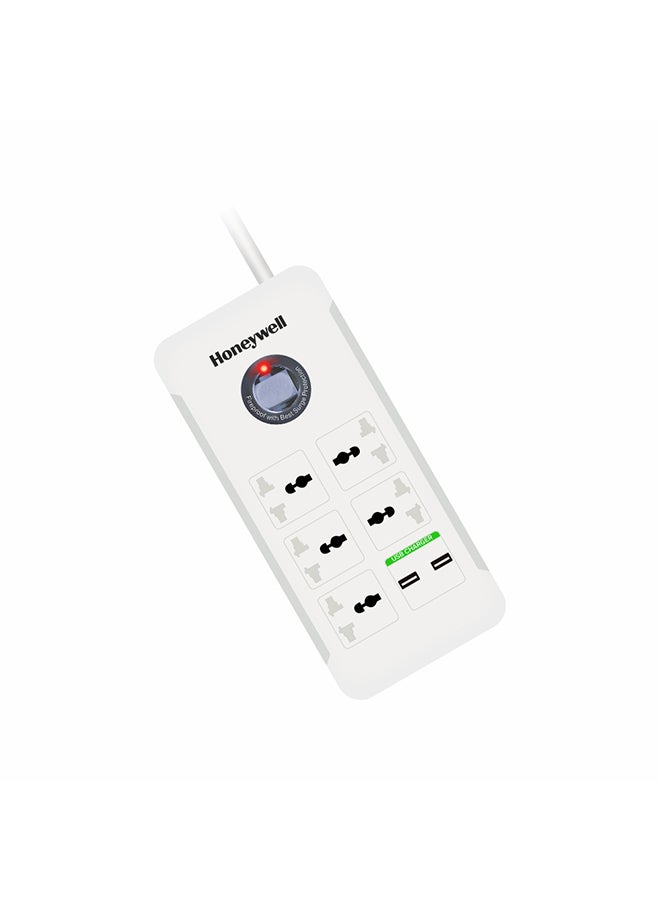 Honeywell Surge Protector/Spike Guard/Extension board, Master Switch, 5 Universal Sockets, 2USB ports, 36000Amp, 1.5 Mtr Cord, Device Secure Warranty, X3 Fireproof MOV tech, 3Yr Warranty White - Image 1