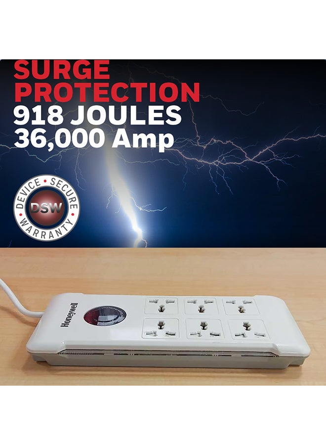 Honeywell 6 Out Surge Protector With Master Switch Spike Guard/Extension Board/Power Strip With 1.5 Meter Extension Cord 918 Joules Dsw Automatic Over Heat And Overcurrent Protection 3 Yrs Manufacturer Warranty Whiteplatinum Series White-Platinum Series  - Image 2