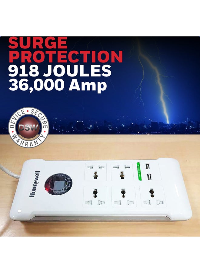 Honeywell Surge Protector/Spike Guard/Extension board, Master Switch, 5 Universal Sockets, 2USB ports, 36000Amp, 1.5 Mtr Cord, Device Secure Warranty, X3 Fireproof MOV tech, 3Yr Warranty White - Image 2