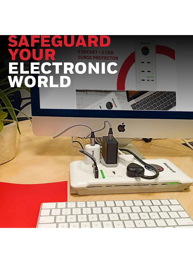 Honeywell Surge Protector/Spike Guard/Extension board, Master Switch, 5 Universal Sockets, 2USB ports, 36000Amp, 1.5 Mtr Cord, Device Secure Warranty, X3 Fireproof MOV tech, 3Yr Warranty White - Image 3