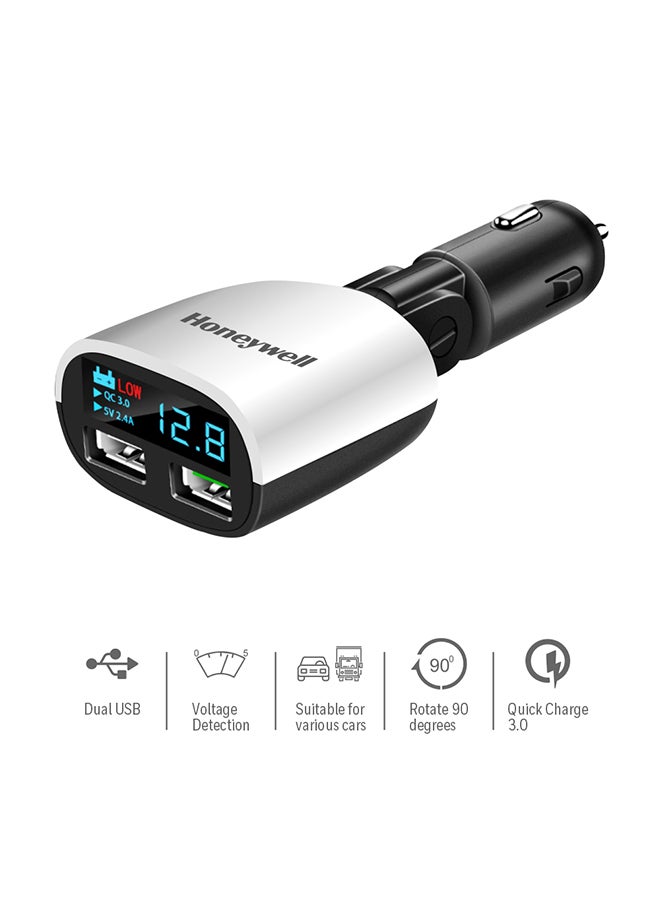 Honeywell Dual USB with LED Display Car Charger, 24W Dual USB Charger, QC 3.0 Fast Charging, Compatible with iPhones, Smartphones, Tablets, Smartwatches, Power banks, Dashcams Black-Silver - Image 1
