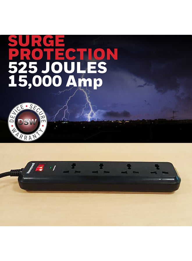 Honeywell - 4 Out Surge Protector With Master Switch, Spike Guard/Extension board/Power Strip With 2 Meter Cord, 525 Joules, DSW, Automatic Overload Protection, 3 Yrs Manufacturer Warranty Black-Value series - Image 1