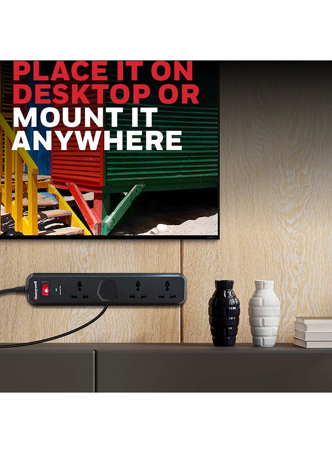 Honeywell - 4 Out Surge Protector With Master Switch, Spike Guard/Extension board/Power Strip With 2 Meter Cord, 525 Joules, DSW, Automatic Overload Protection, 3 Yrs Manufacturer Warranty Black-Value series - Image 1