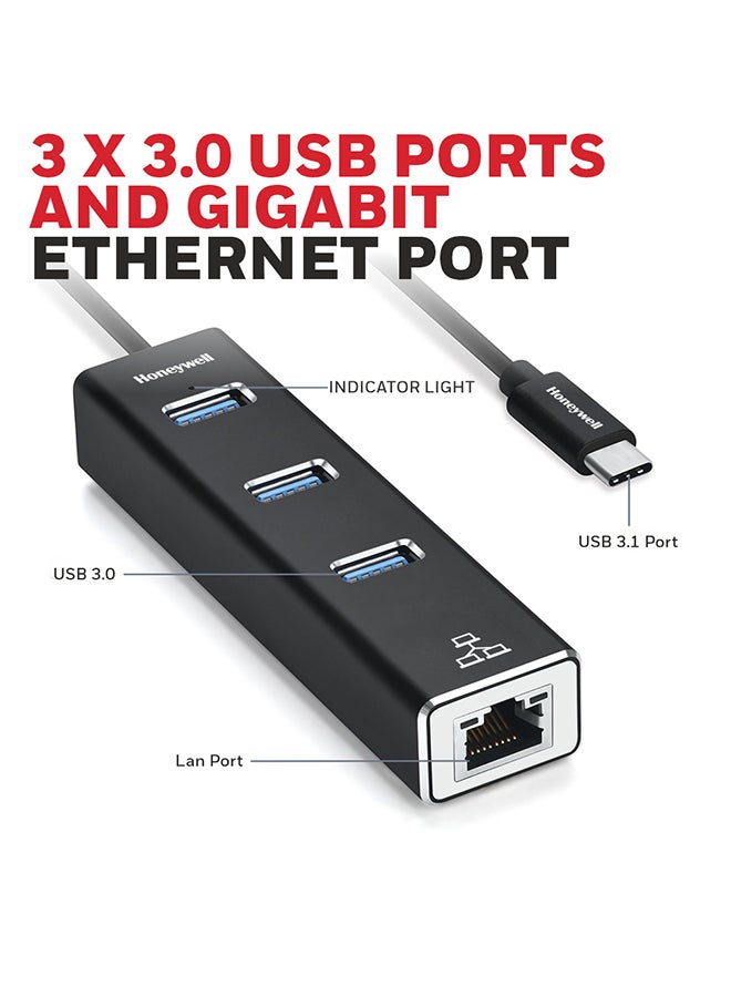 Honeywell - 4-in-1 Type C 3.1 to USB 3.0 With Rj45 Gigabit Ethernet Adapter, 3X3.0 USB Ports Transfer Speed 5Gbps, 1Gbps Bandwidth, Compatible With All Type C Macbooks, Laptops, Pcs, Tablets Black - Image 1