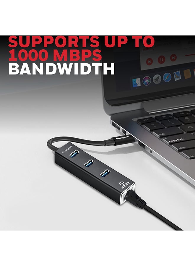 Honeywell - 4-in-1 Type C 3.1 to USB 3.0 With Rj45 Gigabit Ethernet Adapter, 3X3.0 USB Ports Transfer Speed 5Gbps, 1Gbps Bandwidth, Compatible With All Type C Macbooks, Laptops, Pcs, Tablets Black - Image 1