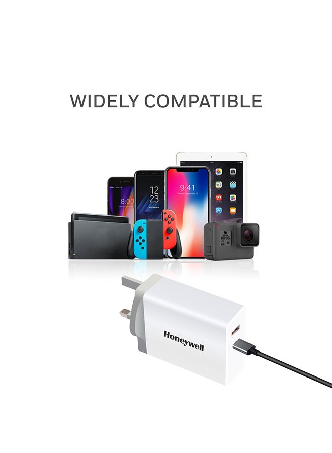 Honeywell - Zest Charger PD60W, ECAS Certified, With Type C PD 2.0 & USB-A Port, Qualcomm Compliant, Quick Charge 3.0 Tech, Compatible for iPhone, MacBook Air, iPad Pro, Pixel, Galaxy, Laptops, etc. White - Image 1