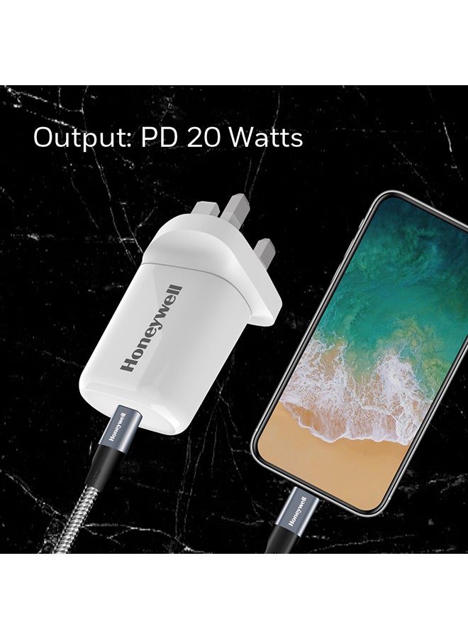 Honeywell - PD 20W USB-C Ultra-Fast Charger Compatible With iPhone 16/15/14/13/12/11 Series, ipad, Google Pixel, Samsung Galaxy And Oneplus, 3 Yrs Manufacturer Warranty White - Image 1