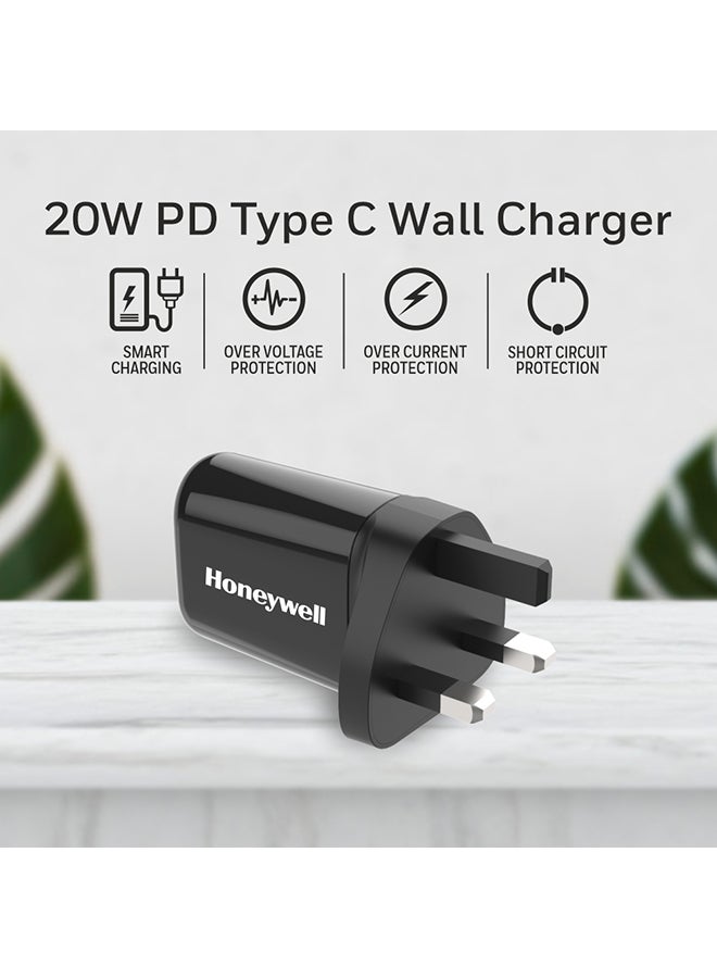 Honeywell - PD 20W USB-C Ultra-Fast Charger Compatible With iPhone 16/15/14/13/12/11 Series, ipad, Google Pixel, Samsung Galaxy And Oneplus, 3 Yrs Manufacturer Warranty Black - Image 1