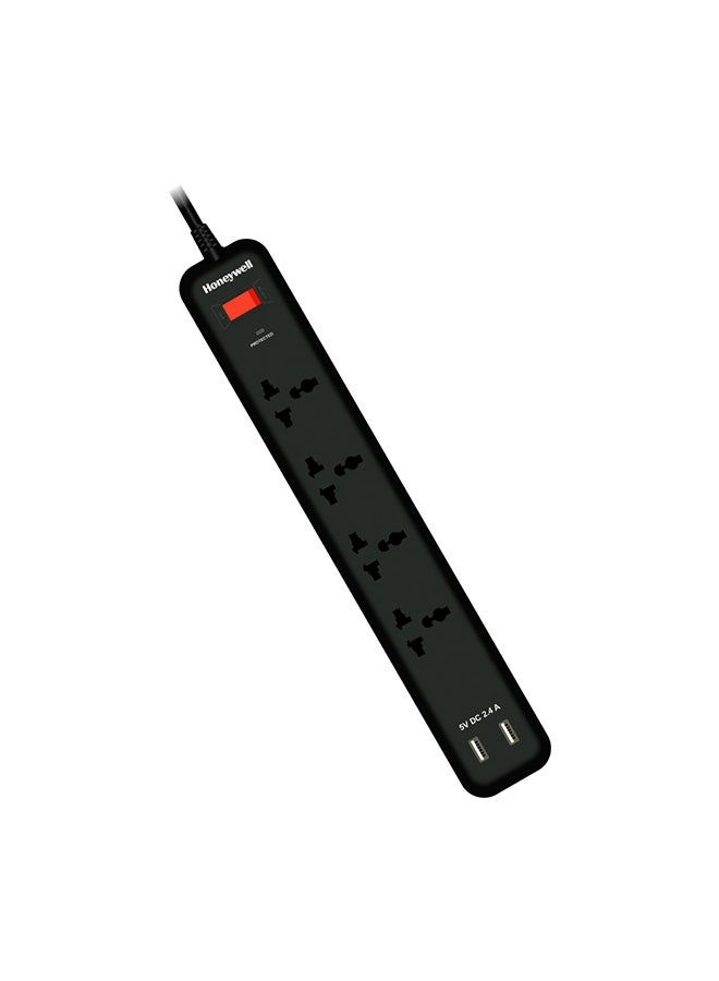 Honeywell 4 Out Surge Protector With Master Switch Spike Guard/Extension Board/Power Strip 4 Outlet 2Xusb 2 Meter Extension Cord 525 Joules Dsw Automatic Over Heat And Overcurrent Protection 3 Yrs Manufacturer Warranty Blackvalue Series Black-Value Series  - Image 1