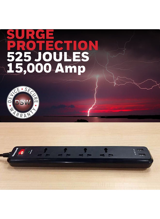 Honeywell 4 Out Surge Protector With Master Switch Spike Guard/Extension Board/Power Strip 4 Outlet 2Xusb 2 Meter Extension Cord 525 Joules Dsw Automatic Over Heat And Overcurrent Protection 3 Yrs Manufacturer Warranty Blackvalue Series Black-Value Series  - Image 2