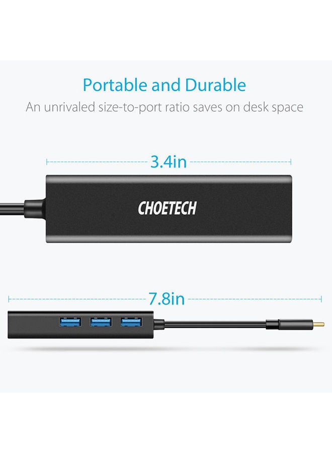 CHOETECH USB-C Hub with Ethernet & USB 3.0 X 3 Black - Image 2