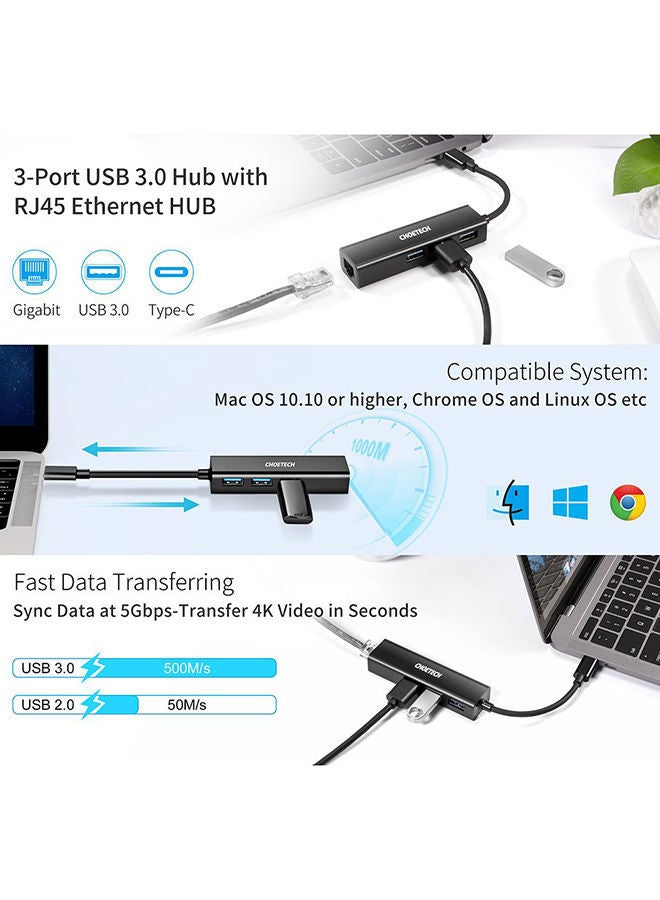 CHOETECH USB-C Hub with Ethernet & USB 3.0 X 3 Black - Image 4