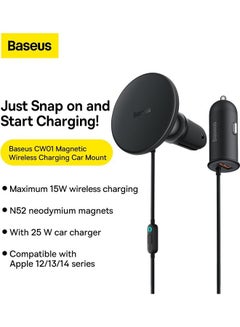 Baseus Magnetic Wireless Charging Car Mount 40W Phone Charger 15W + USB-A 25W Black  - Image 2