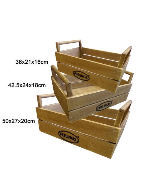 3pcs Wooden Storage Crate with Handle Box Set Brown 36x21x16/42.5x24x18/50x27x20cm