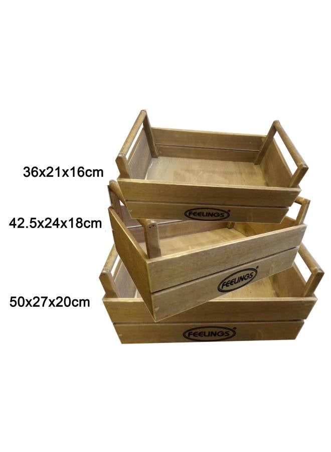 3pcs Wooden Storage Crate with Handle Box Set Brown 36x21x16/42.5x24x18/50x27x20cm