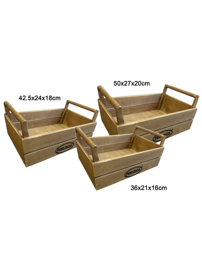 3pcs Wooden Storage Crate with Handle Box Set Brown 36x21x16/42.5x24x18/50x27x20cm