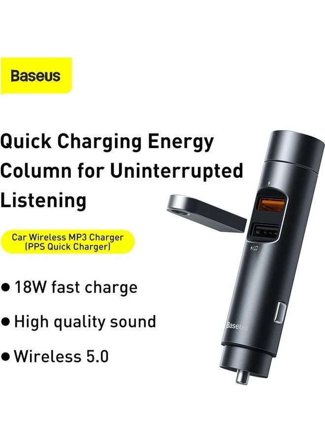 Baseus - Car FM Transmitter Wireless Bluetooth 5.0 Radio Adapter Kit With LED Display QC3.0 Fast Charger Bass Lossless Hi-Fi Sound Music Streaming Call Grey - Image 1